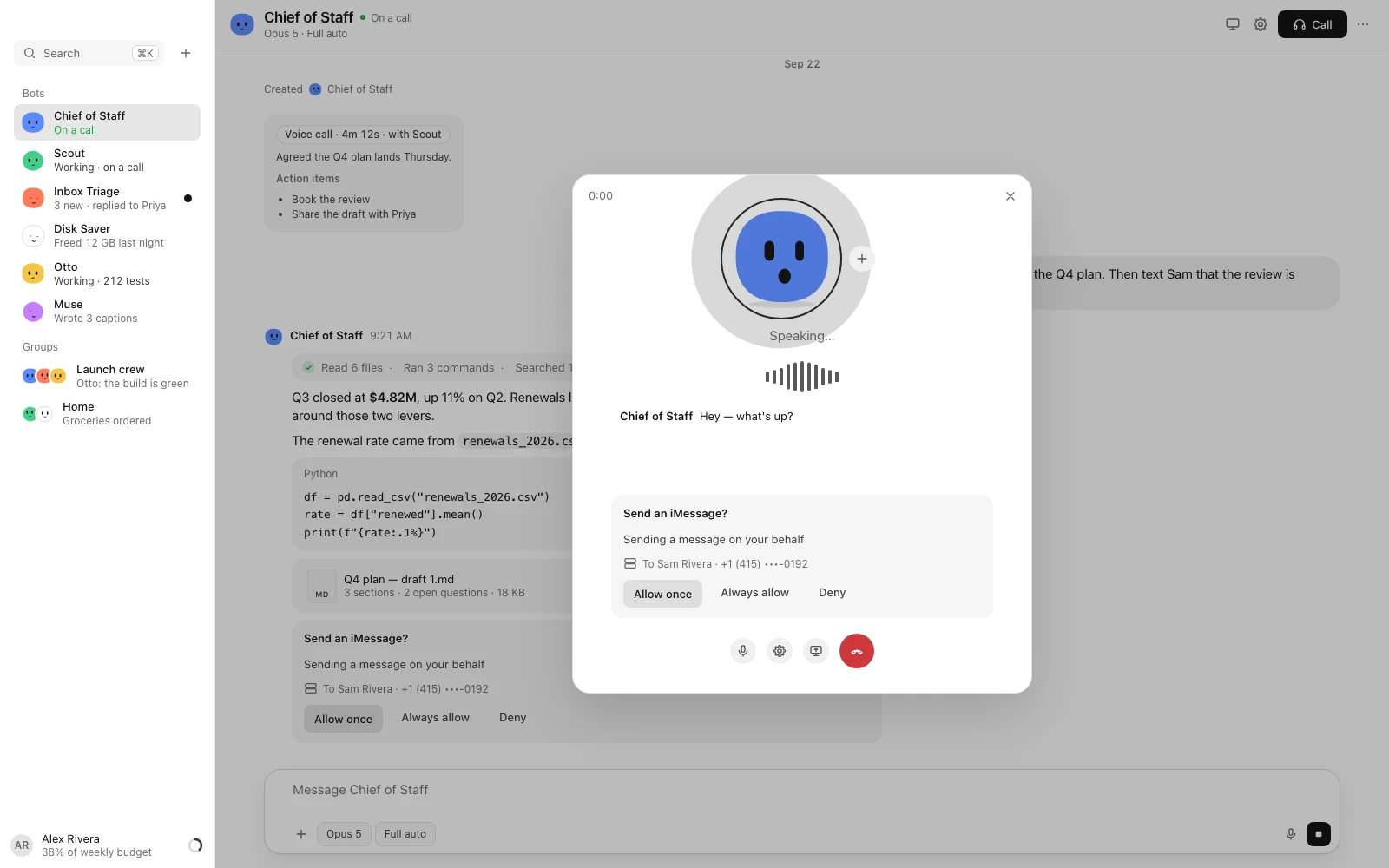 Synapse: a voice call with a Bot, with an approval card in the call